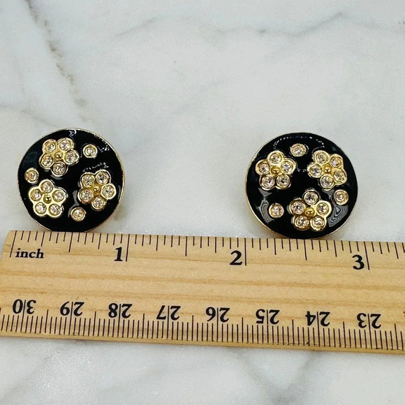 Vintage Avon Clip On Earrings Black Enamel Gold Plated Flower Rhinestone… - Picture 9 of 9